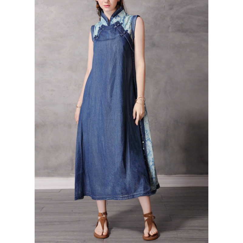 2022 Blue Stand Collar Button Patchwork Long Denim Dress Sleeveless