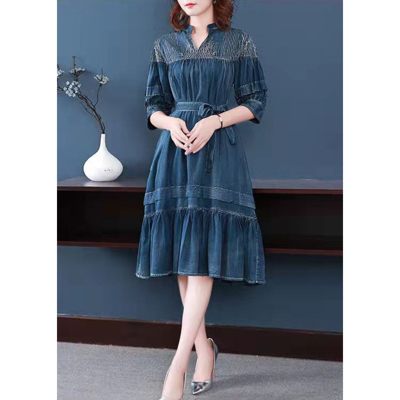 2022 Blue V Neck Embroidered wrinkled Sashes Holiday Dress Half Sleeve
