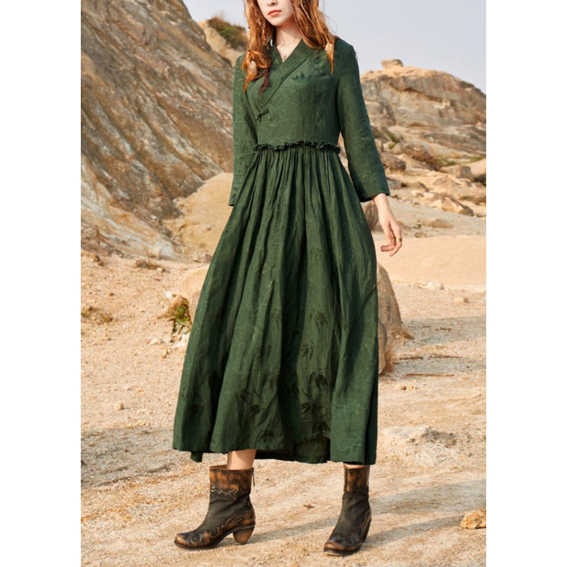 2022 Green Cinched V Neck Ruffled Silk Holiday Dress Long Sleeve