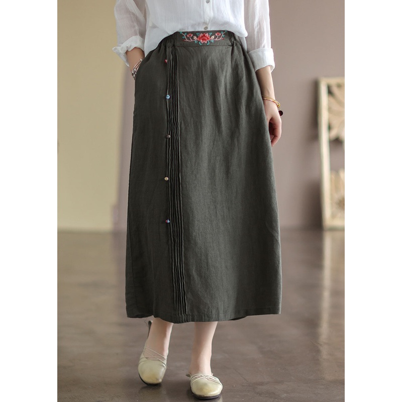 Army Green Pockets Patchwork Cotton Skirt Embroidered Summer