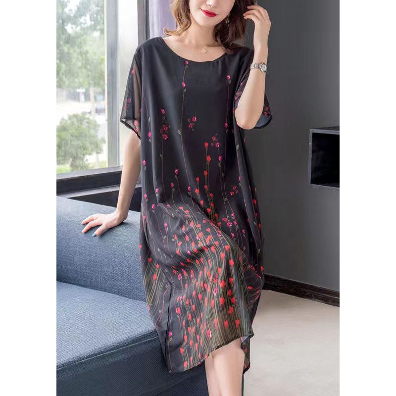 Art Black O Neck Print Patchwork Chiffon Mid Dress Summer