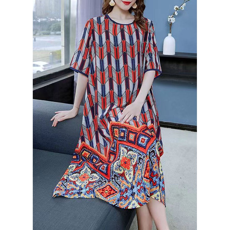 Beautiful Red O Neck Print Patchwork Chiffon Dresses Summer