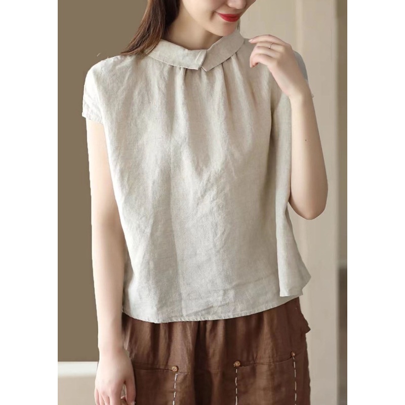 Beige Patchwork Linen Tops Peter Pan Collar Wrinkled Button Summer