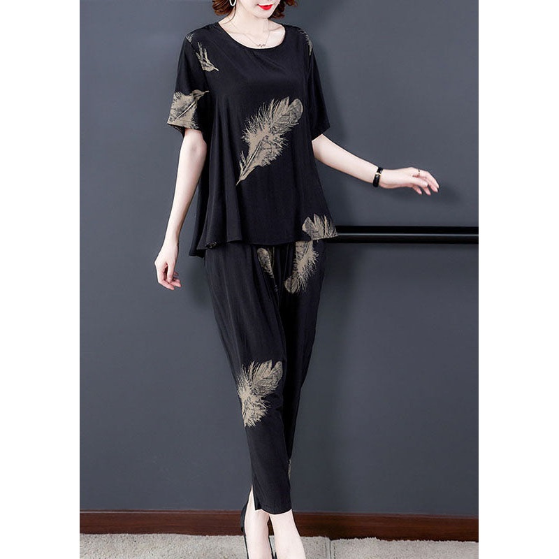 Black Print Patchwork Tops And Pants Cotton Two Pieces Set O-Neck Summer