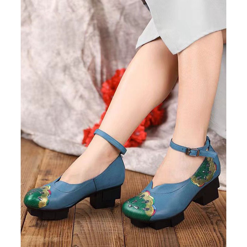 Blue High Heels Chunky Cowhide Leather Fine Splicing Buckle Strap