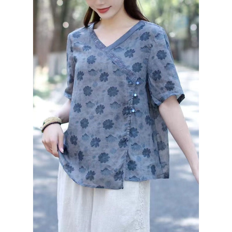 Blue Print Patchwork Linen Blouse Tops V Neck Short Sleeve