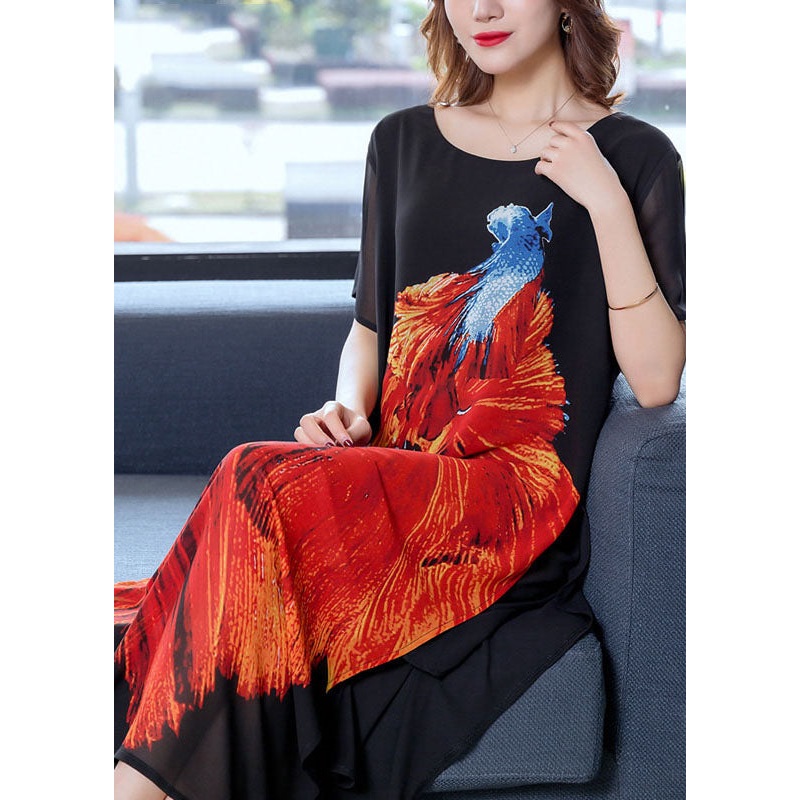 Bohemian Black O Neck Animal Print Patchwork Chiffon Dresses Summer