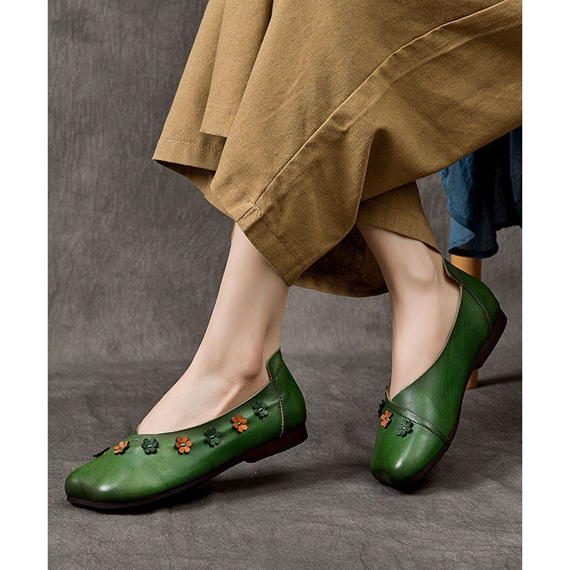 Bohemian Floral Splicing Flats Green Cowhide Leather