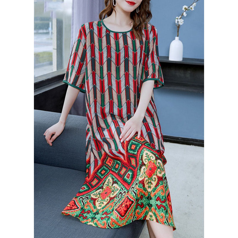Bohemian Red O Neck Print Patchwork Chiffon Dresses Summer
