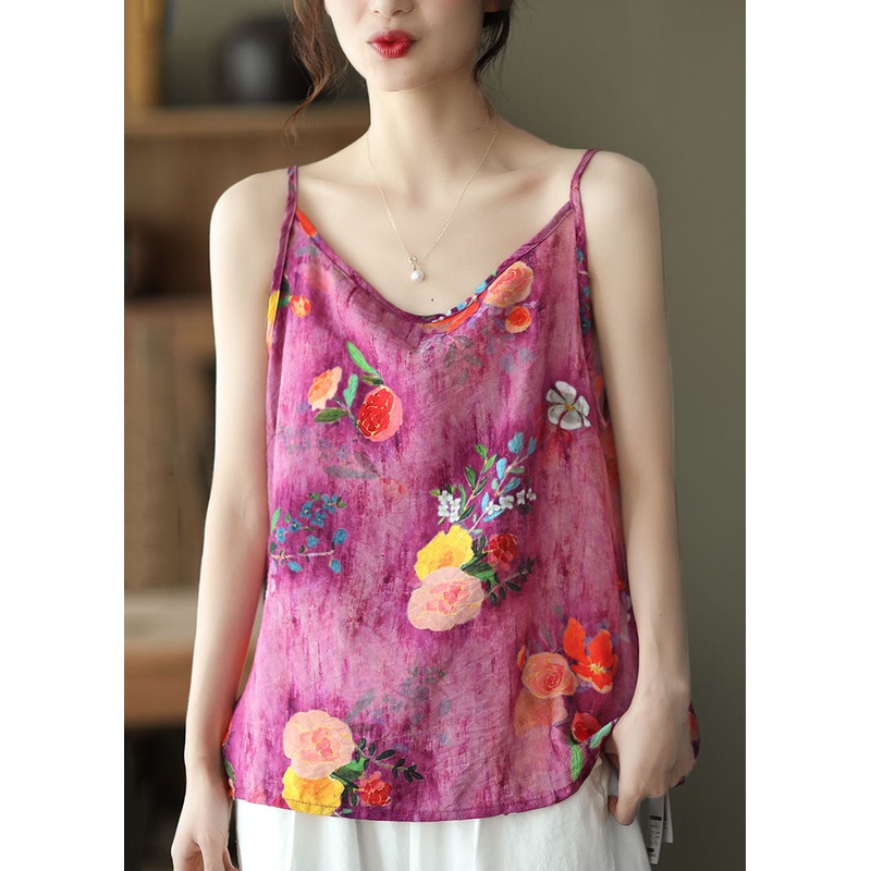 Bohemian Rose O Neck Print Patchwork Linen Tank Sleeveless