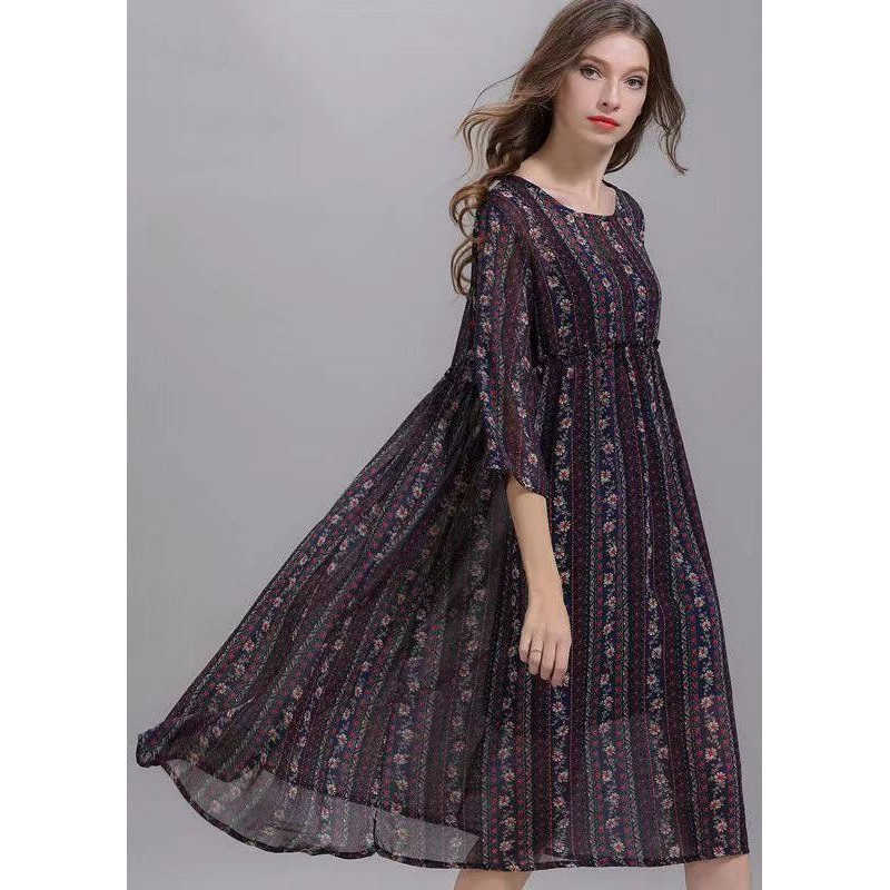 Bohemian Striped O Neck Wrinkled Patchwork Chiffon Dresses Half Sleeve