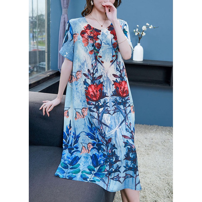 Boho Blue O Neck Print Patchwork Chiffon Dresses Summer
