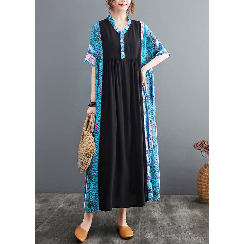 Boho Blue Ruffled Print Patchwork Cotton Exra Large Hem Dress Summer