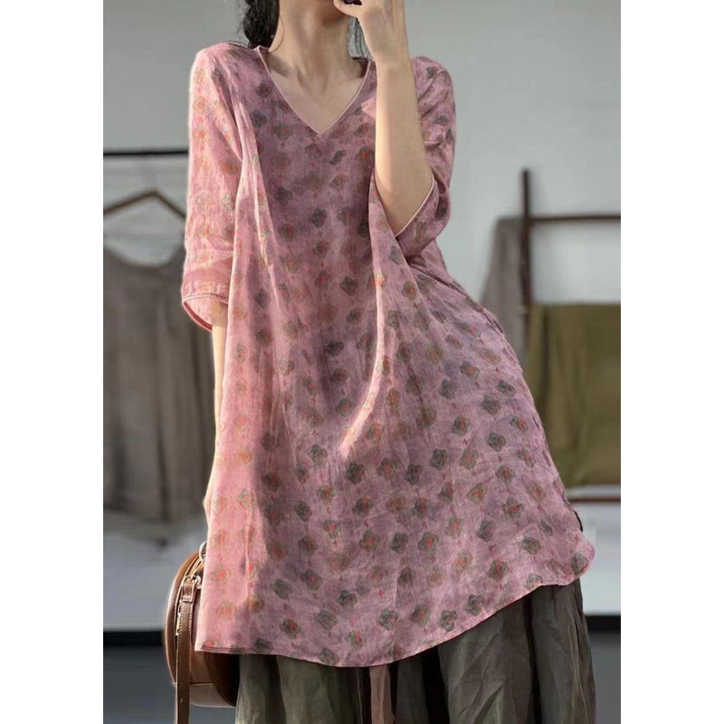 Boho Pink V Neck Print Patchwork Linen Mid Dress Summer