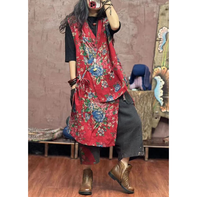 Boho Red Asymmetrical Print Patchwork Cotton Waistcoat Sleeveless