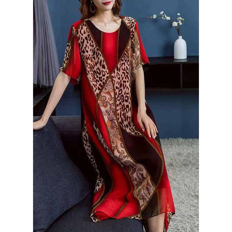 Boho Red O Neck Leopard Print Patchwork Chiffon Dress Summer