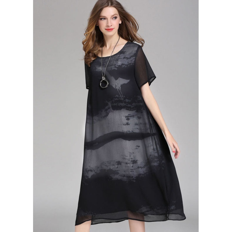 Boutique Black O Neck Print Patchwork Chiffon Dress Summer