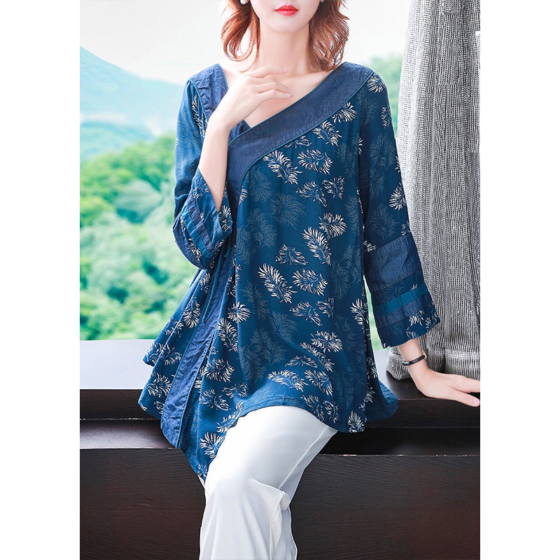 Boutique Blue tie waist asymmetrical design V Neck print Patchwork Cotton top Three Quarter sleeve