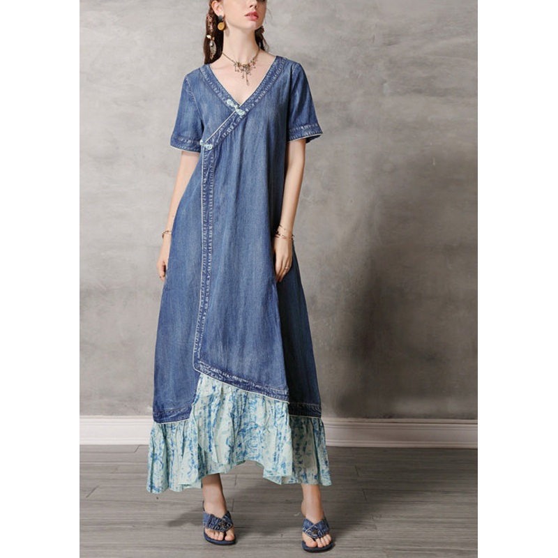 Boutique Blue V Neck Patchwork Cotton Denim Dress Short Sleeve