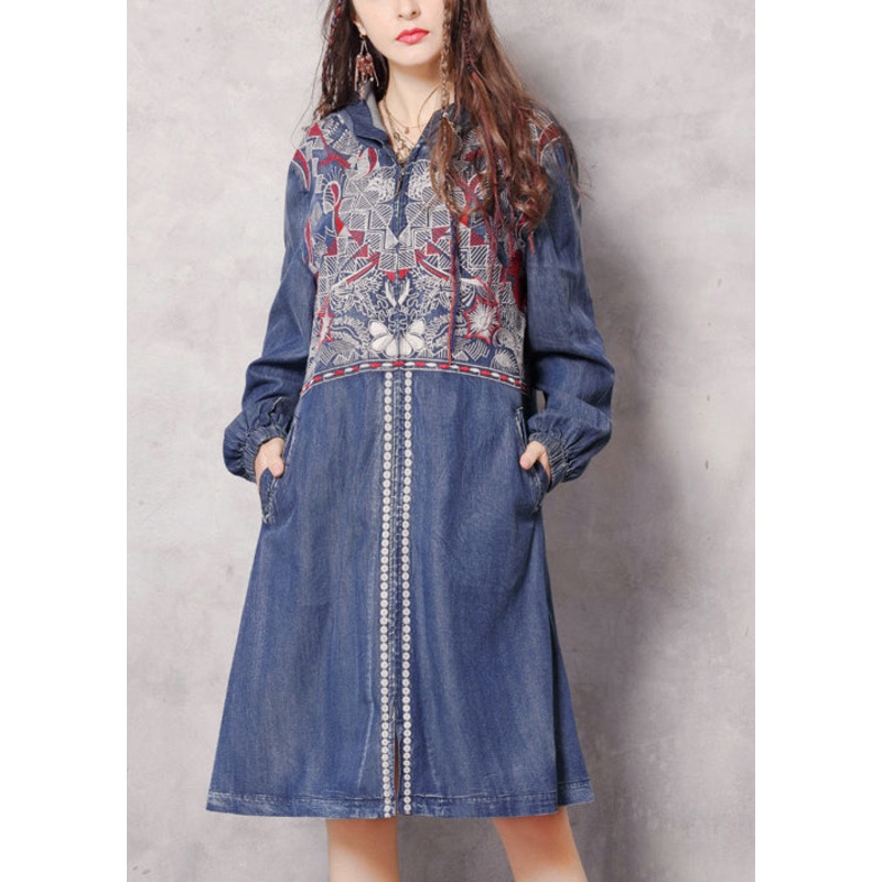 Boutique Blue zippered Hooded Embroideried Pockets Denim trench coats Spring