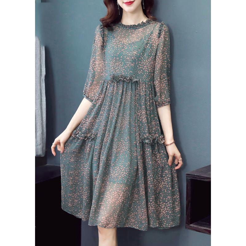 Boutique Green O-Neck Ruffled print Chiffon Dresses Half Sleeve