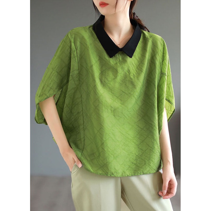 Boutique Green Peter Pan Collar Patchwork Cotton T Shirt Tops Batwing Sleeve