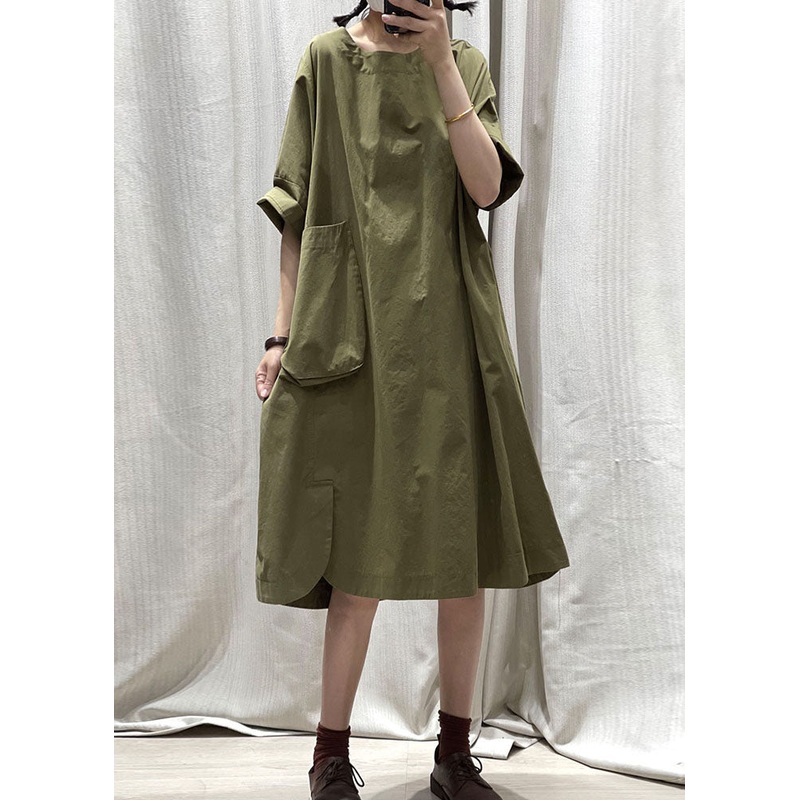 Casual Army Green O Neck Pockets Patchwork Cotton Mid Dress Summer