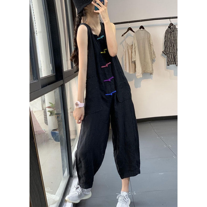 Casual Black Chinese Button Pockets Patchwork Linen Jumpsuits Summer