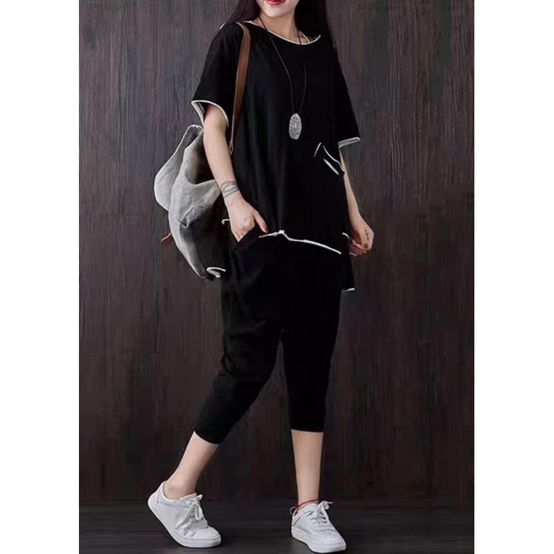 Casual Black Pockets Patchwork Tops And Pants Cotton Two Piece Suit Set Summer