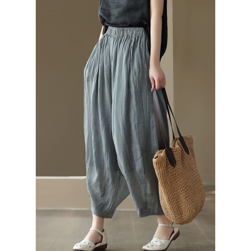 Casual Grey Elastic Waist Pockets Patchwork Linen Lantern Pants Summer