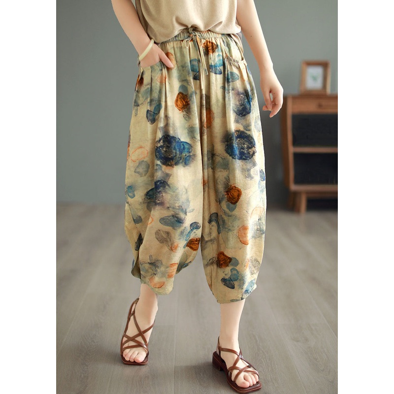 Casual Khaki Elastic Waist Pockets Print Patchwork Cotton Lantern Pants Summer