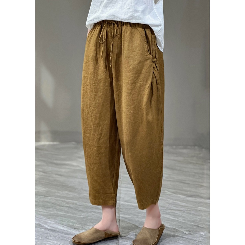 Casual Yellow Pockets Cinched Patchwork Linen Harem Pants Summer