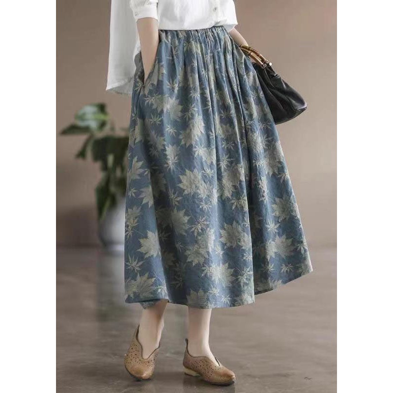 Chic Blue Wrinkled Elastic Waist Patchwork Cotton Skirts Summer