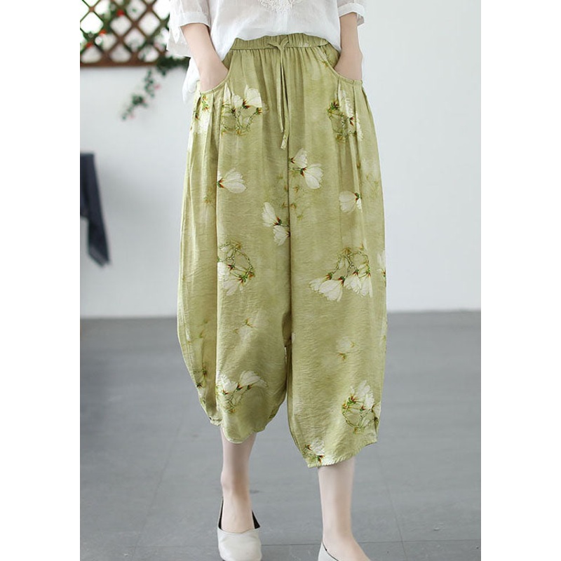 Chic Green Print Pockets Patchwork Linen Harem Pants Summer