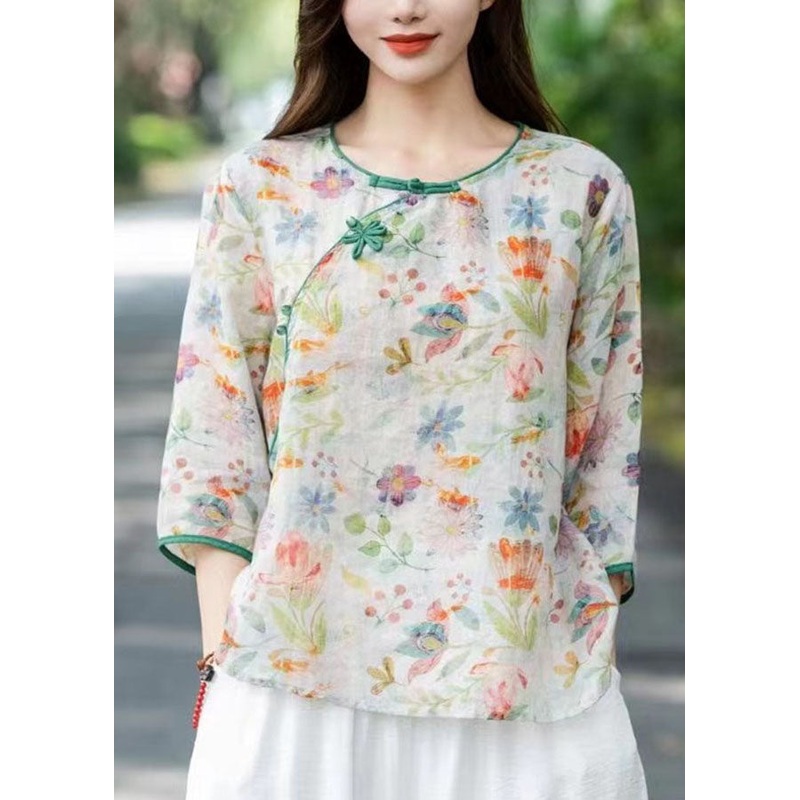 Chinese Style Beige O Neck Print Patchwork Linen T Shirts Summer