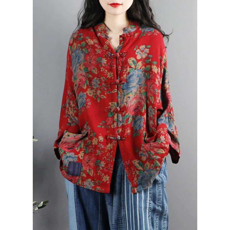 Chinese Style Red Print Pockets Button Patchwork Cotton Coats Long Sleeve