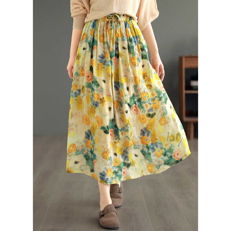 Classy Yellow Drawstring Wrinkled Print Patchwork Linen Skirts Summer