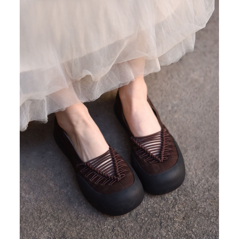 Comfy Splicing Flat Feet Shoes Coffee Cowhide Leather