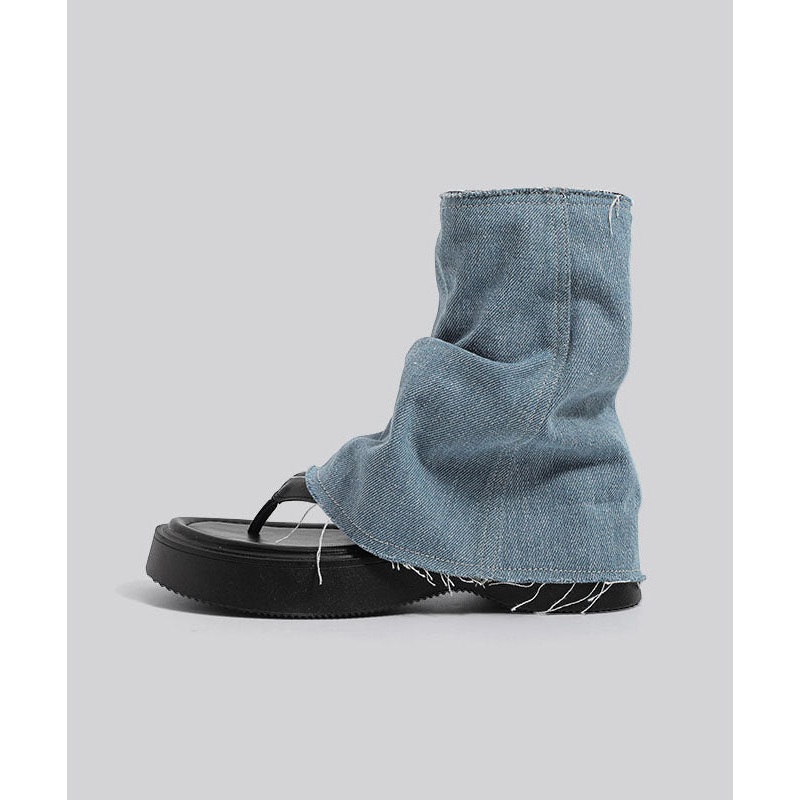 DIY Blue Thong Sandals Denim Retro Splicing Boots Zippered