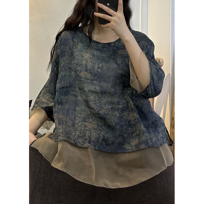 DIY Navy O Neck Print Patchwork Linen Blouses Summer