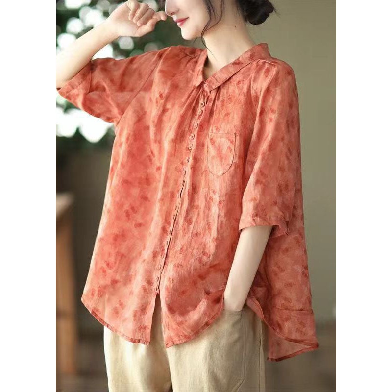 DIY Red Peter Pan Collar Print Patchwork Linen Blouses Summer