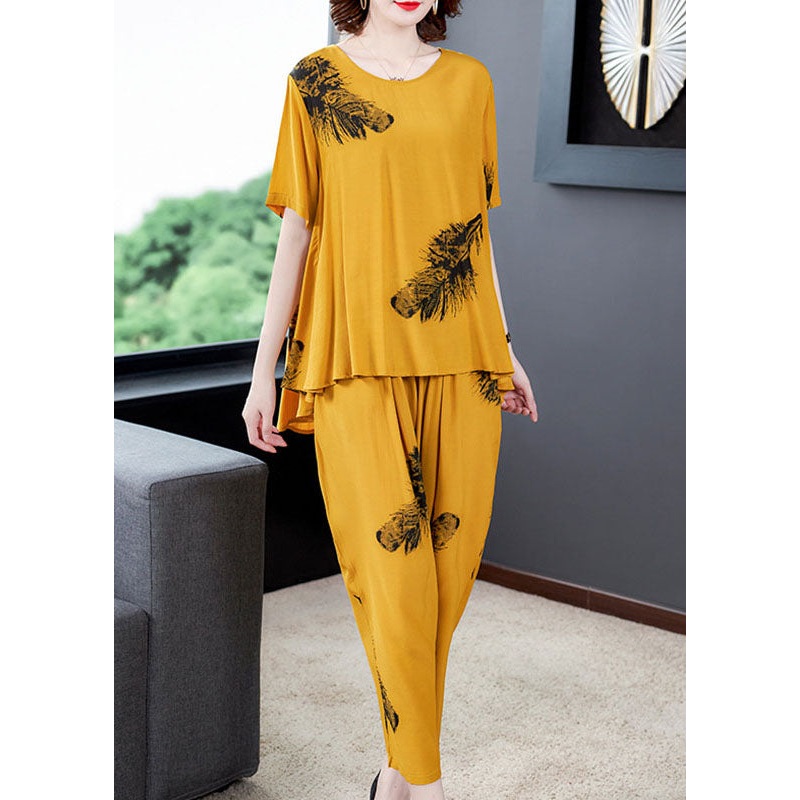 Diy Yellow O-Neck Wrinkled Patchwork Cotton Two Piece Suit Set Summer