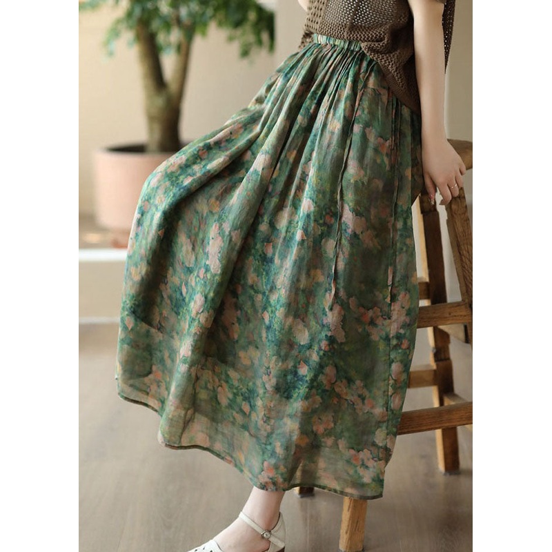 Elegant Green Wrinkled Pockets Patchwork Linen Skirts Summer