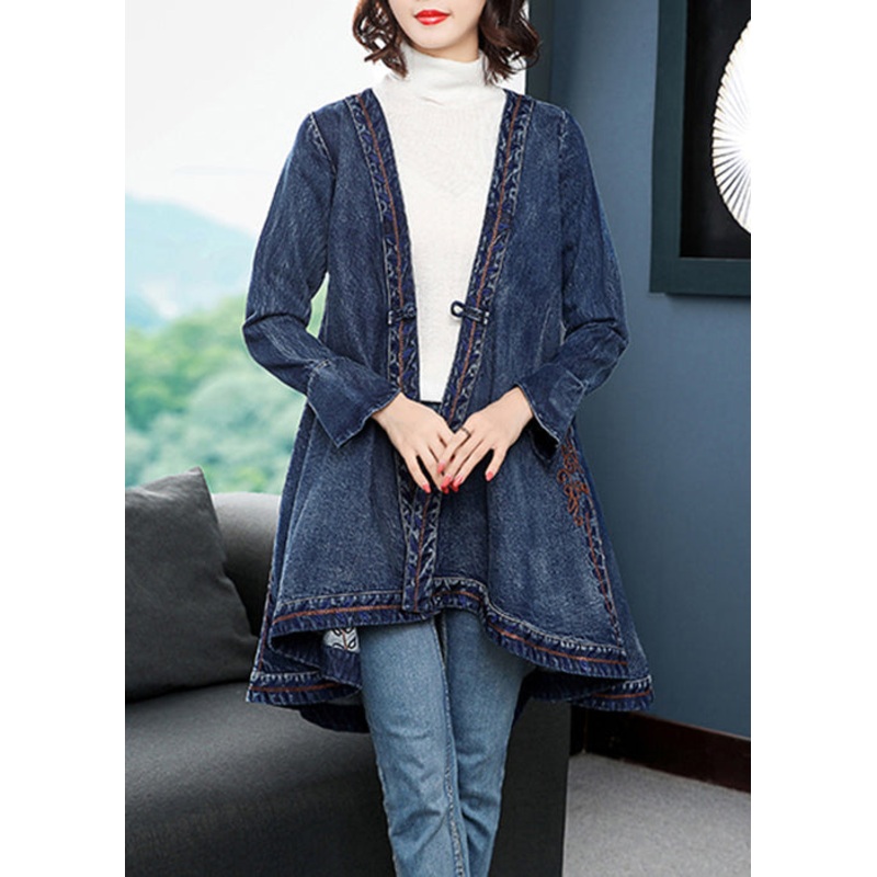 Fashion Blue low high design V Neck Embroideried Cotton Denim trench coats Long Sleeve