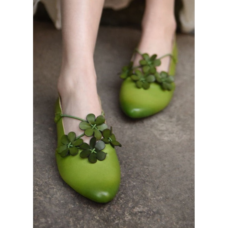 Fashion Floral Splicing Flat Shoes Pointed Toe Green Cowhide Leather