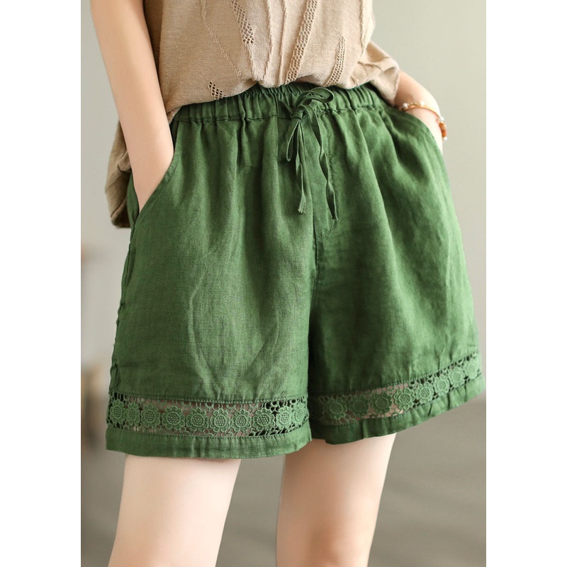 Fine Green Pockets Cinched Lace Patchwork Linen Shorts Summer