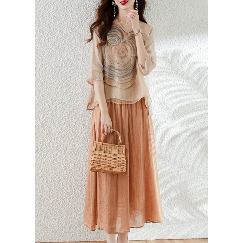 French Apricot V Neck Print Patchwork Tops And Skirts Cotton Two Pieces Set Summer