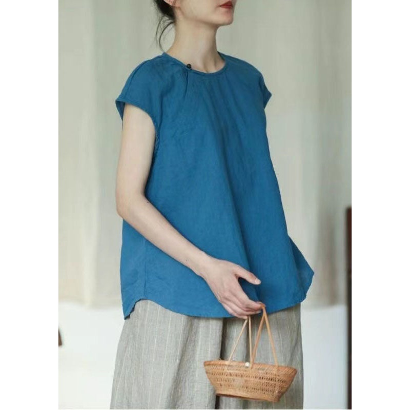 French Blue O Neck Button Patchwork Linen T Shirt Top Short Sleeve