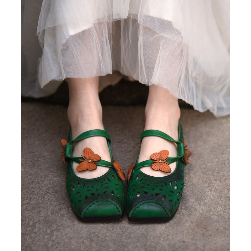 Green Flat Shoes For Women Cowhide Leather Soft Butterfly Splicing Hollow Out