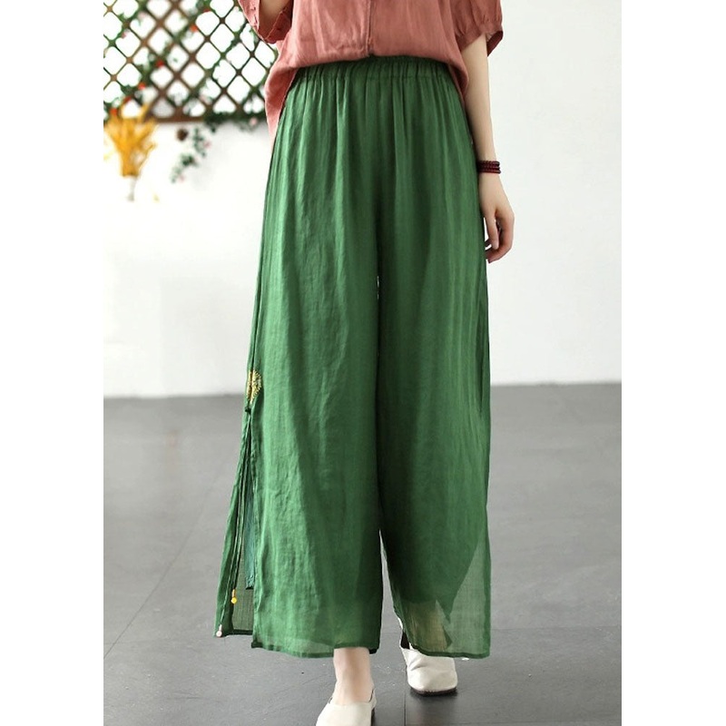Green Patchwork Linen Wide Leg Pants Elastic Waist Side Open Summer